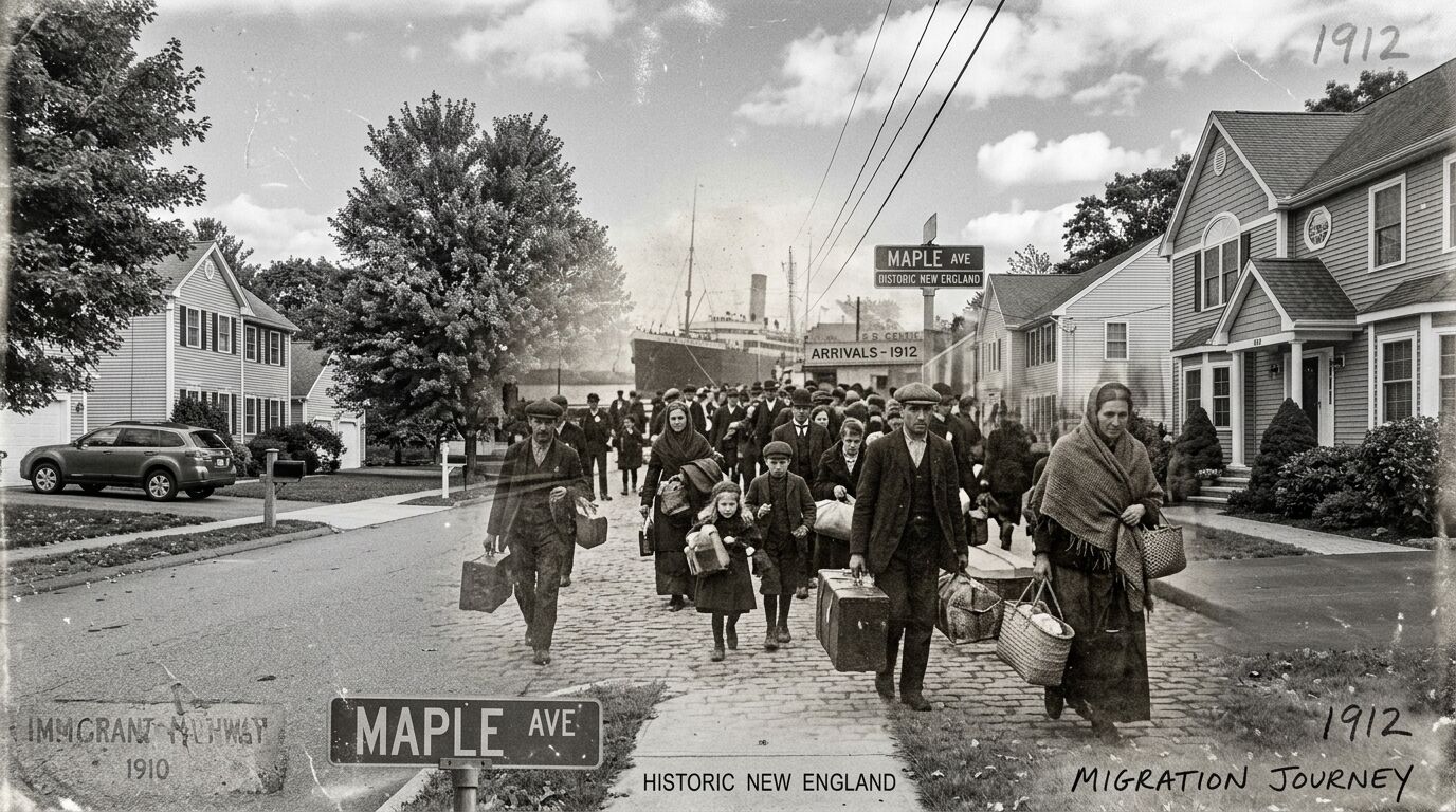Perjalanan migrasi imigran New England yang bersejarah pada tahun 1912 di Maple Avenue dengan keluarga membawa koper dan keranjang