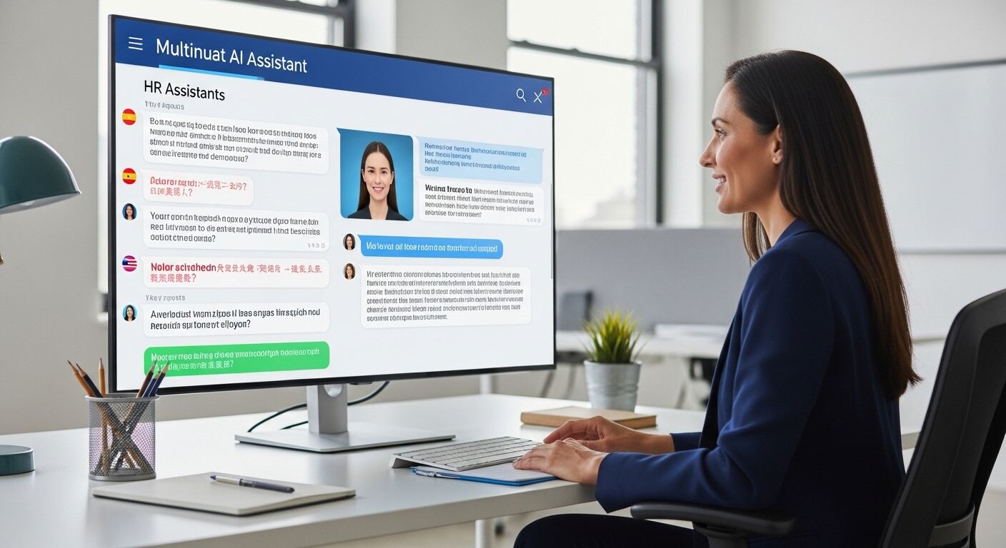 Wanita menggunakan asisten AI multibahasa di monitor desktop yang menampilkan percakapan obrolan asisten HR.