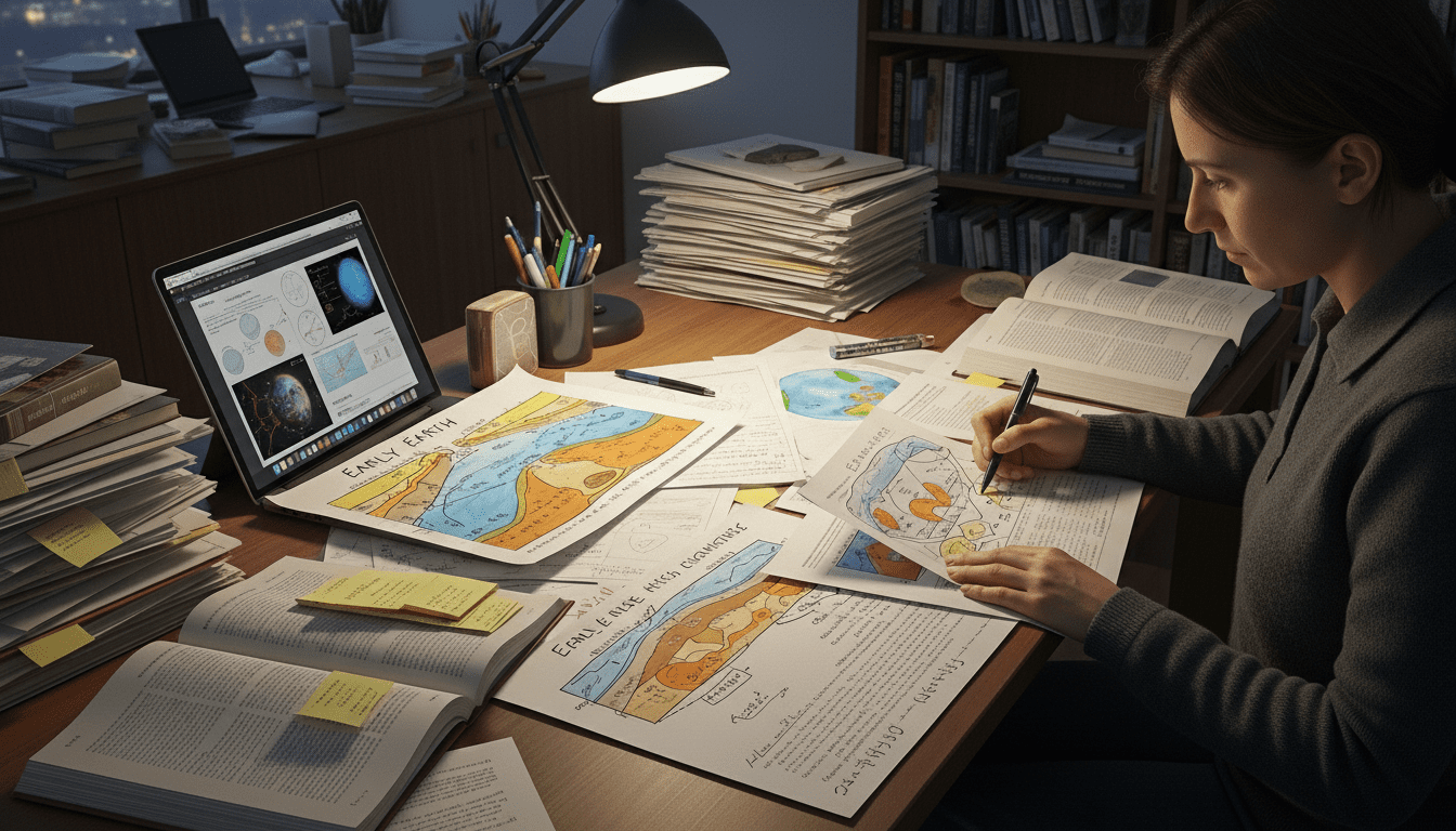 Wanita mempelajari peta geologi dan catatan tentang awal Bumi di meja dengan laptop dan buku di malam hari