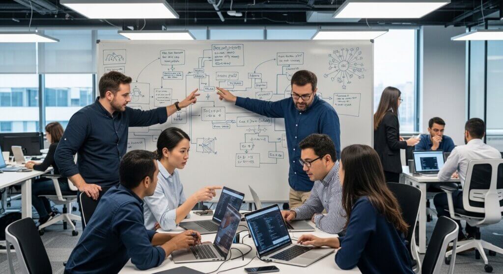 Tim yang terdiri dari beragam profesional berkolaborasi menggunakan laptop dan mendiskusikan diagram alur di papan tulis di kantor modern.