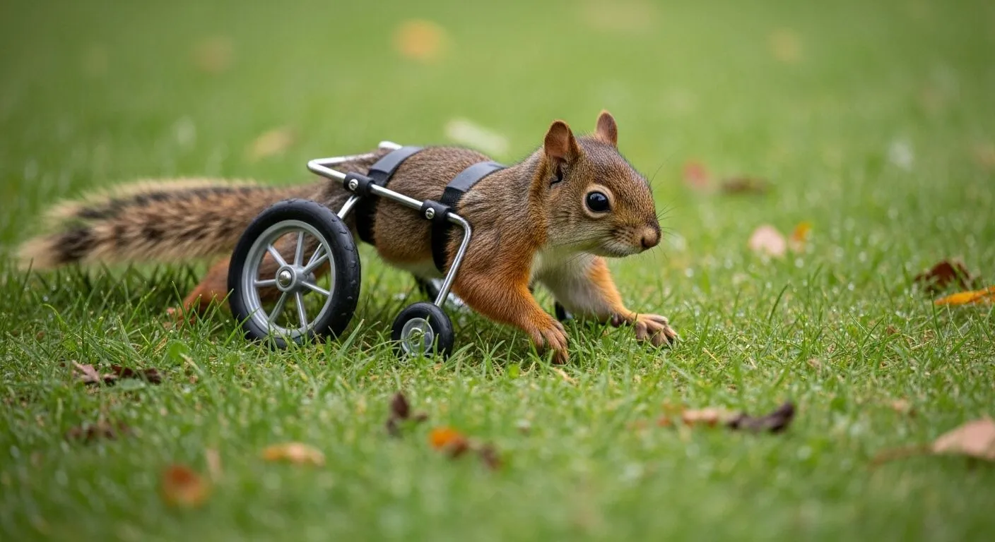 Tupai dengan kursi roda untuk kaki belakangnya berjalan di atas rumput di luar ruangan