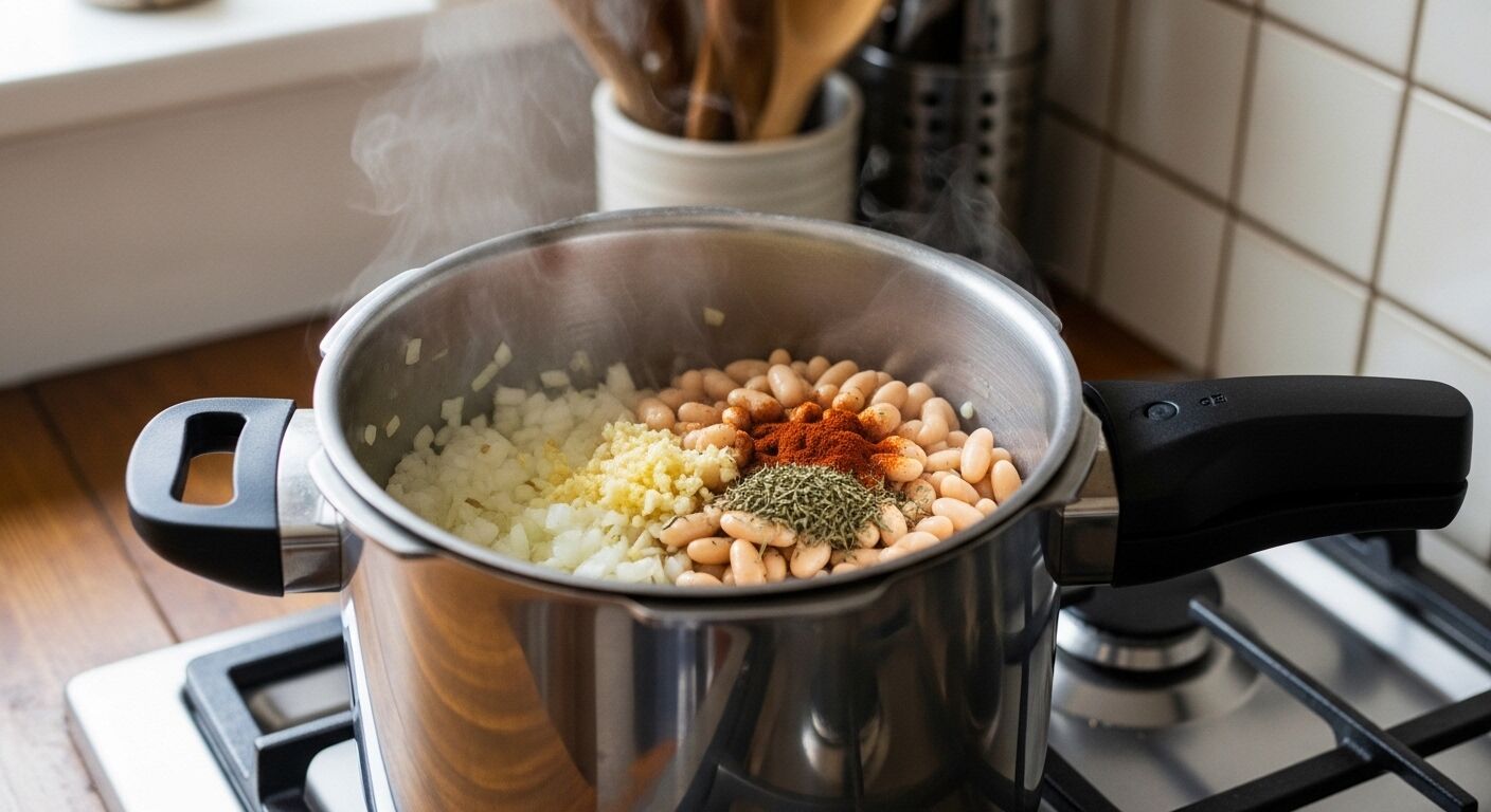 Mengukus pressure cooker dengan kacang putih, bawang bombay cincang, bawang putih, paprika, dan herba kering di atas kompor gas.