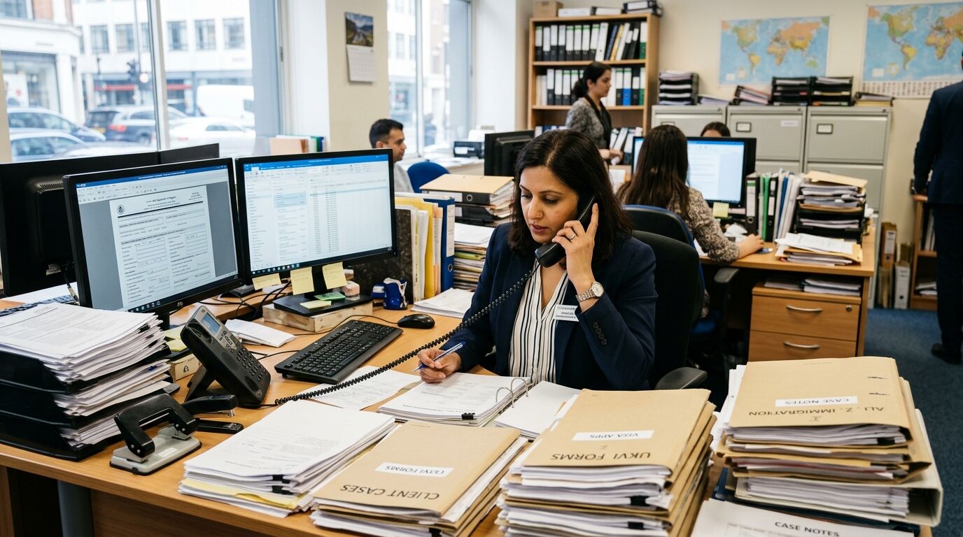 Wanita di kantor di telepon meninjau dokumen berlabel