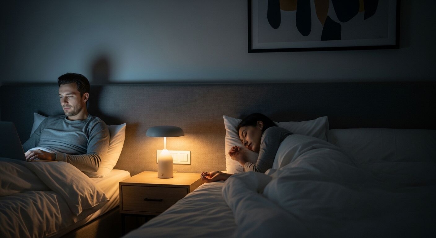 Pria menggunakan laptop di tempat tidur sementara wanita tidur di sampingnya di bawah selimut pada malam hari