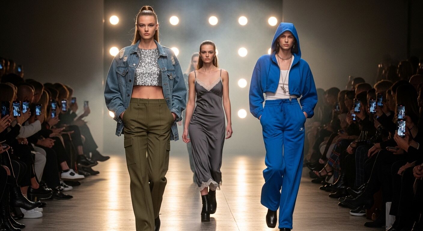 Tiga model berjalan di runway mengenakan pakaian kasual dan satin selama peragaan busana dengan penonton yang merekam melalui ponsel.