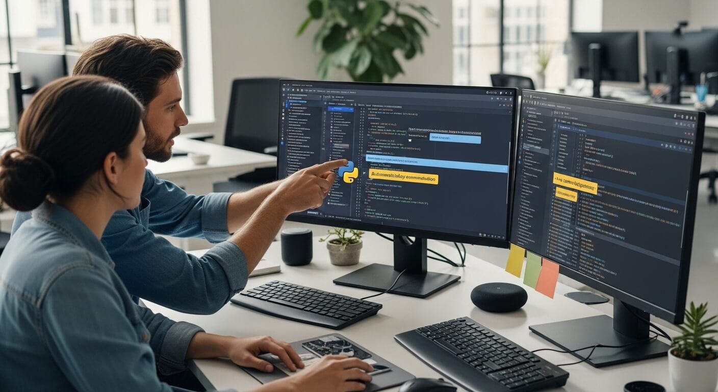 Dua pengembang perangkat lunak meninjau kode Python pada monitor ganda di kantor modern.