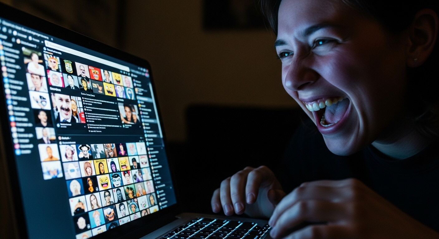 Seseorang tertawa saat menelusuri situs web dengan berbagai gambar meme dan emoji di layar laptop pada malam hari