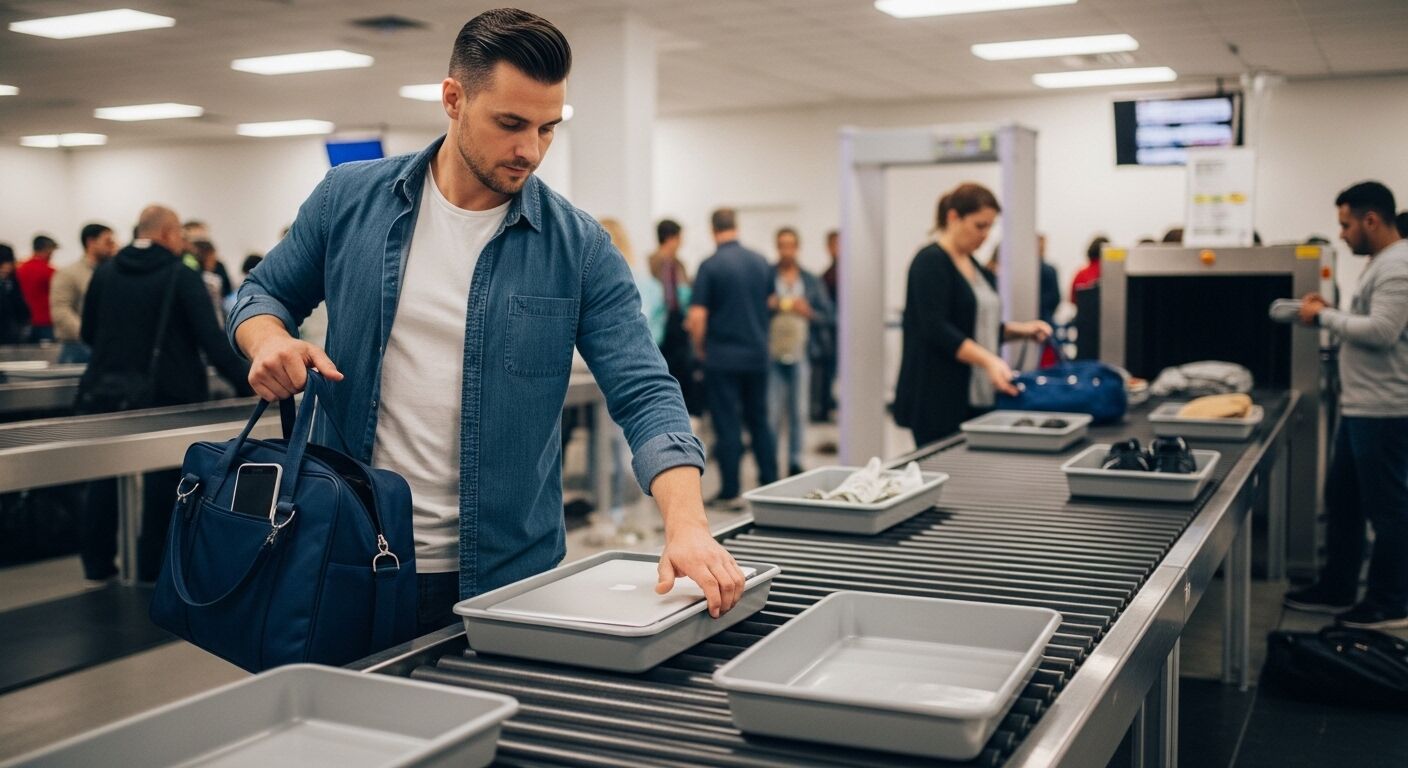 Seorang pria menempatkan laptop di tempat keamanan di pos pemeriksaan bandara bersama wisatawan lain yang mengantri