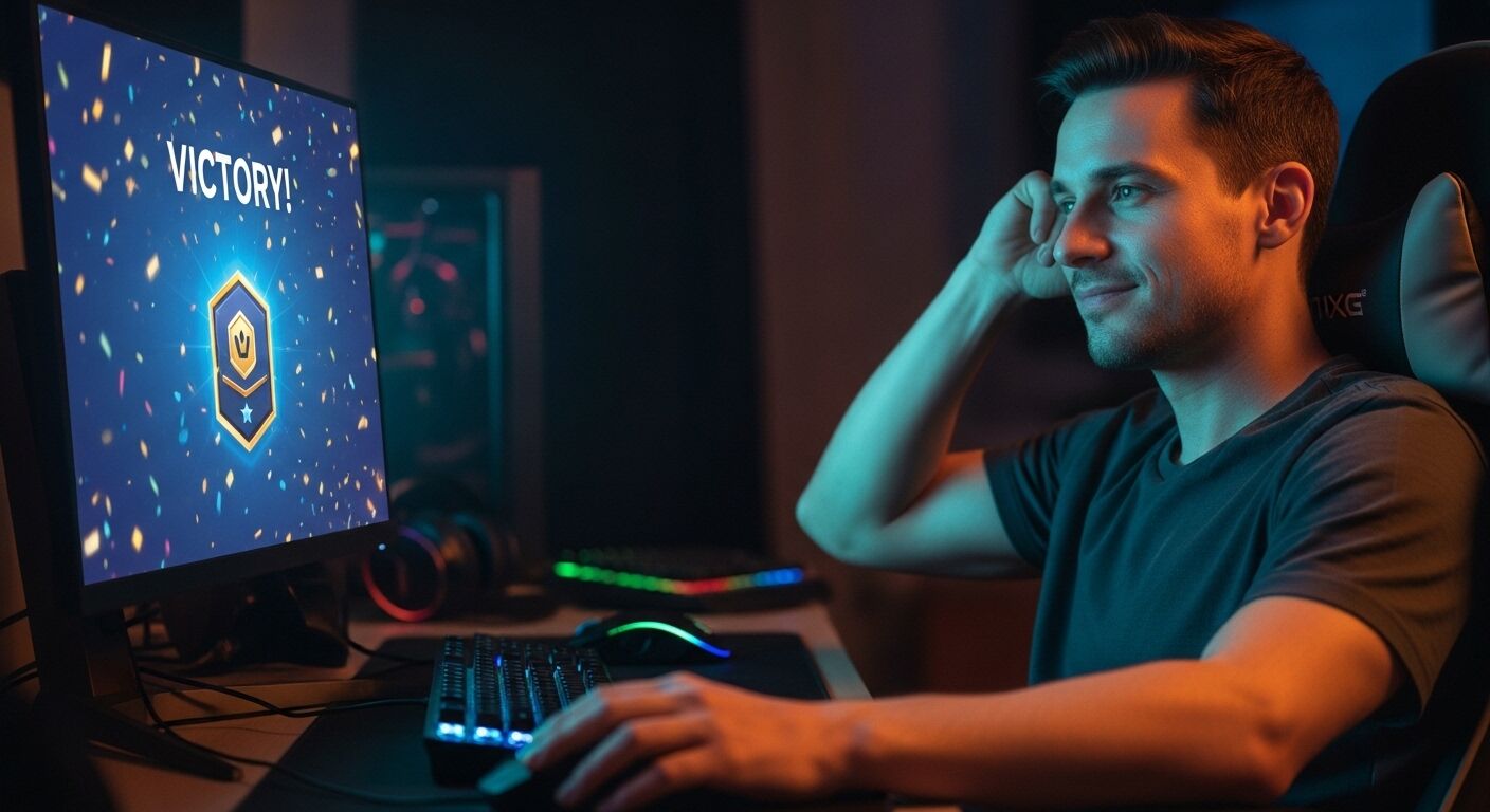 Seorang pria tersenyum saat bermain video game