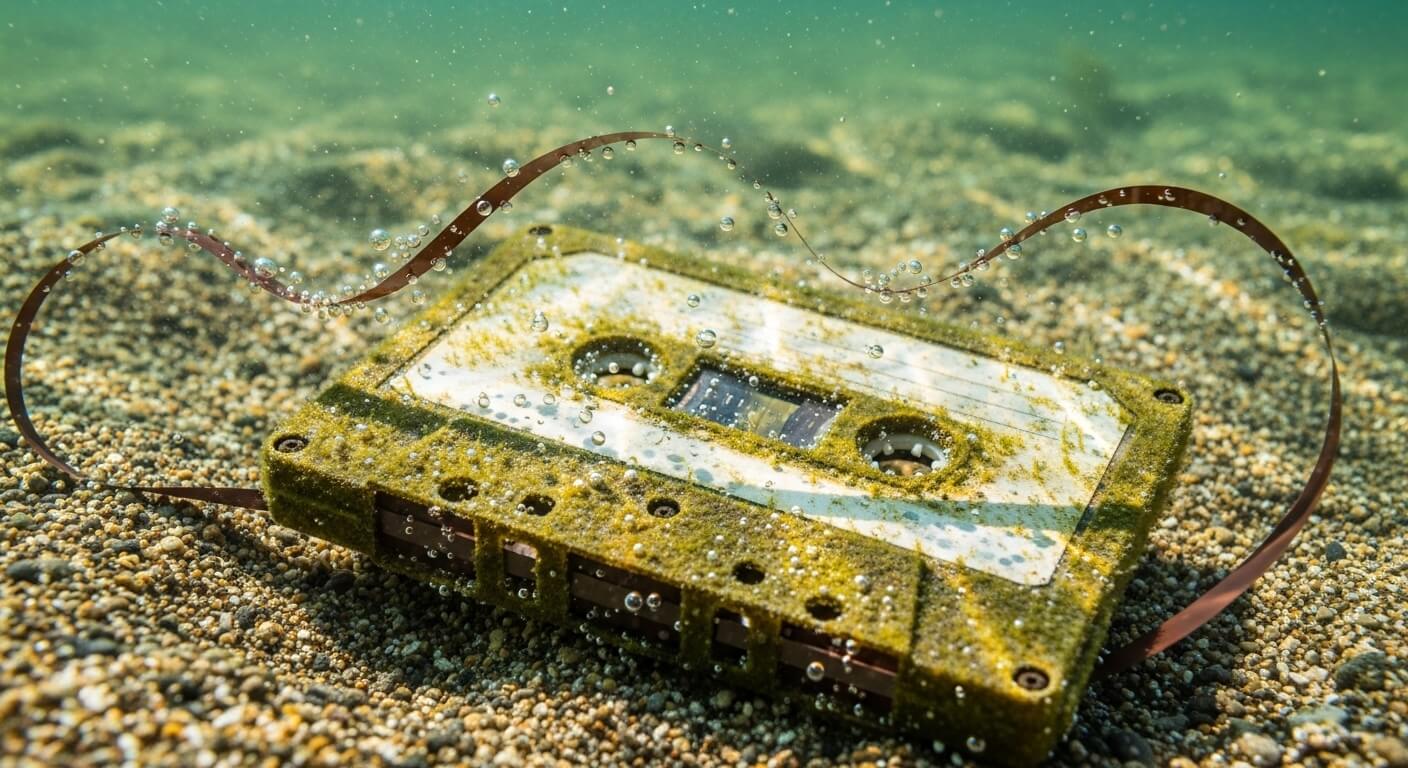Kaset audio berlapis lumut bawah air dengan pita magnetik terurai dan gelembung udara di dasar berpasir