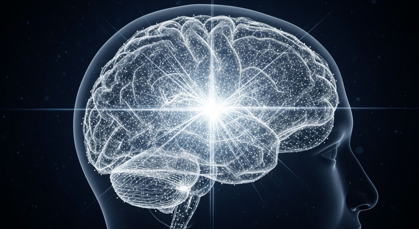 Ilustrasi 3D otak manusia bersinar di dalam kepala tembus pandang dengan koneksi jaringan saraf terlihat