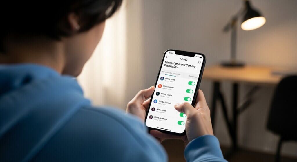 Orang yang menyesuaikan izin mikrofon dan kamera pada layar pengaturan privasi ponsel pintar
