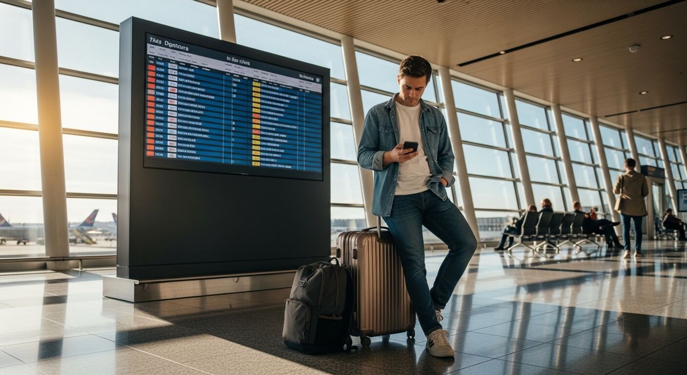 Pria berjaket denim memeriksa telepon sambil bersandar pada koper di terminal bandara dekat papan informasi penerbangan