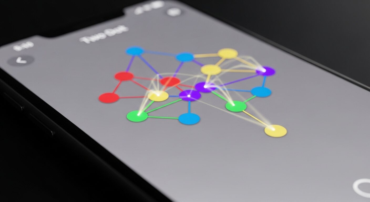 Layar smartphone menampilkan permainan puzzle titik-titik terhubung berwarna-warni bertajuk 