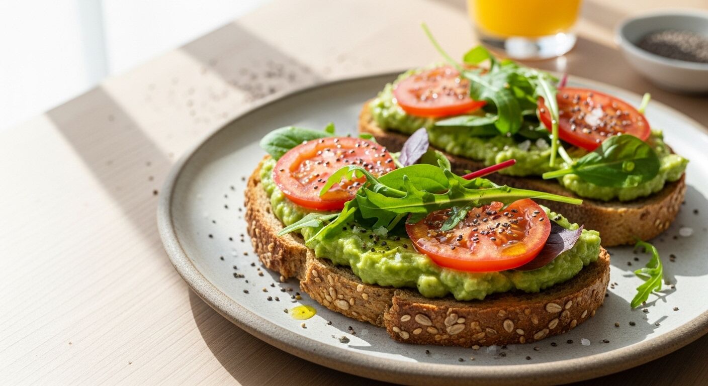 Dua potong roti panggang multigrain dengan topping alpukat tumbuk, irisan tomat, sayuran campur, dan biji chia di piring abu-abu.