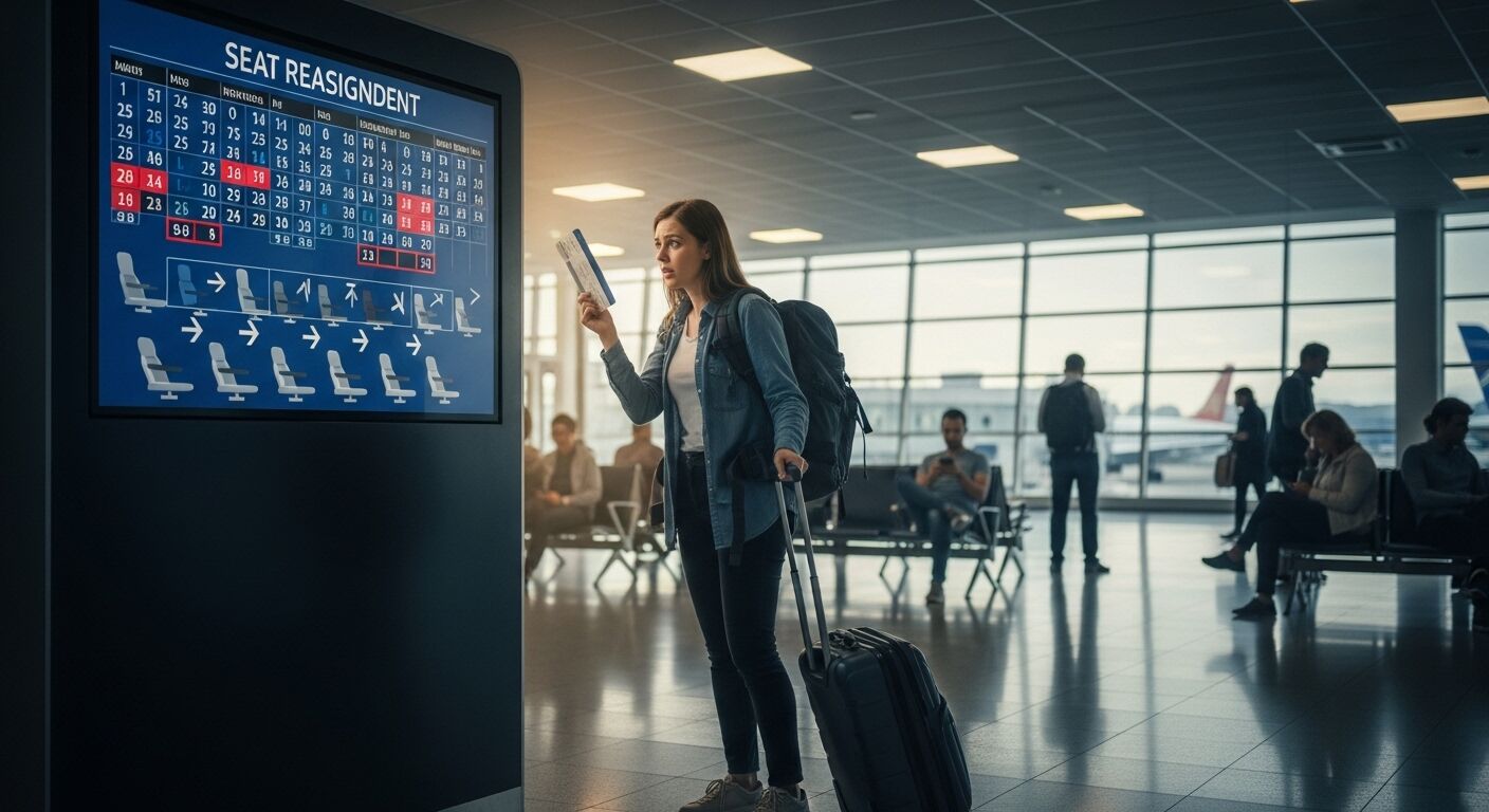 Wanita dengan ransel dan koper memeriksa layar penugasan kursi di terminal bandara.