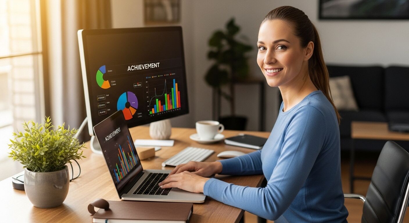 Wanita berkemeja biru bekerja di laptop dengan grafik prestasi di laptop dan layar monitor di meja kayu