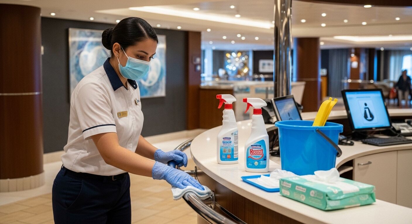 Wanita berseragam dan masker membersihkan konter dengan semprotan disinfektan dan perlengkapan pembersih di area lobi