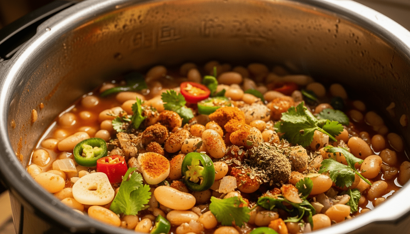 Kacang putih dimasak dalam panci dengan irisan bawang putih, cabai merah dan hijau, daun ketumbar, dan berbagai bumbu.