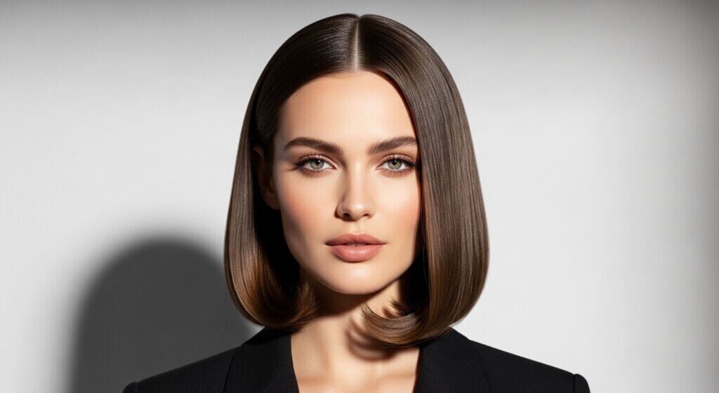 Wanita dengan gaya rambut bob coklat lurus ramping dan riasan natural mengenakan blazer hitam dengan latar belakang abu-abu.