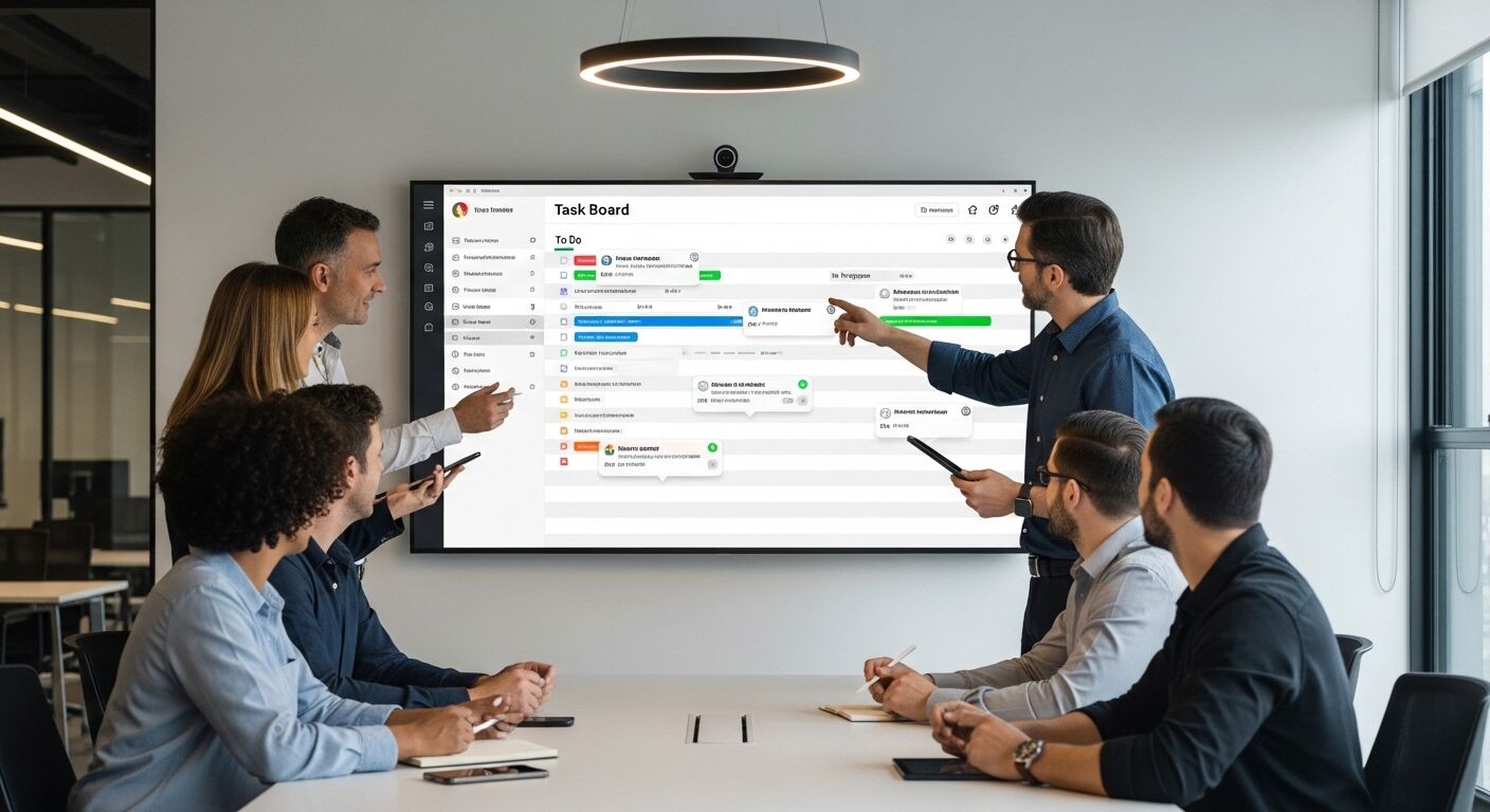 Enam rekan kerja di ruang rapat mendiskusikan papan tugas digital yang ditampilkan di layar besar.