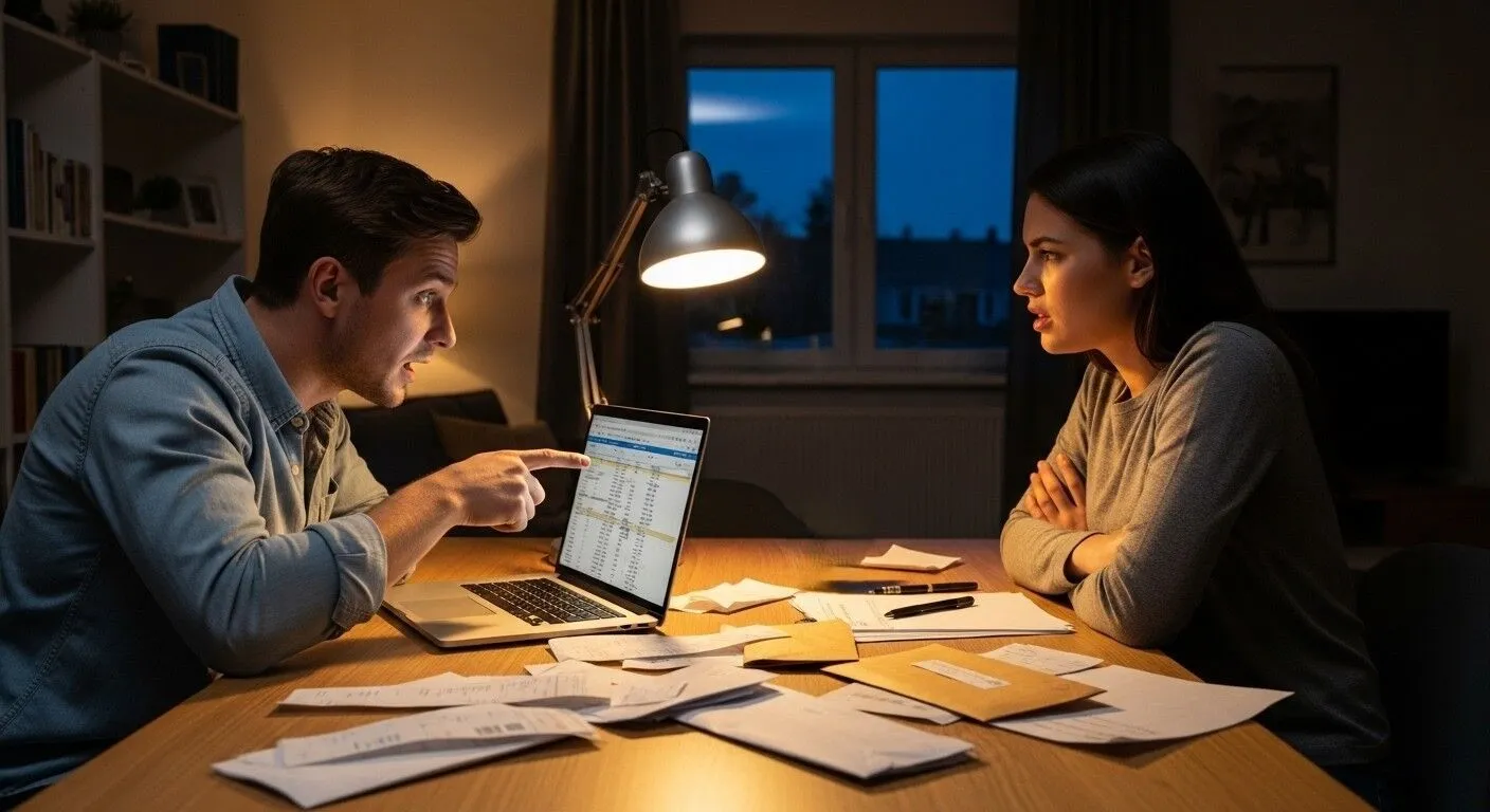 Pria menunjukkan data keuangan di laptop kepada wanita di meja yang dipenuhi tagihan dan dokumen di malam hari