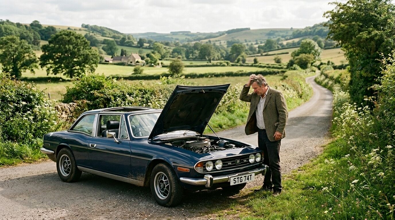 Pria berblazer memeriksa mobil Triumph Stag biru klasik dengan kap terbuka di jalan pedesaan.