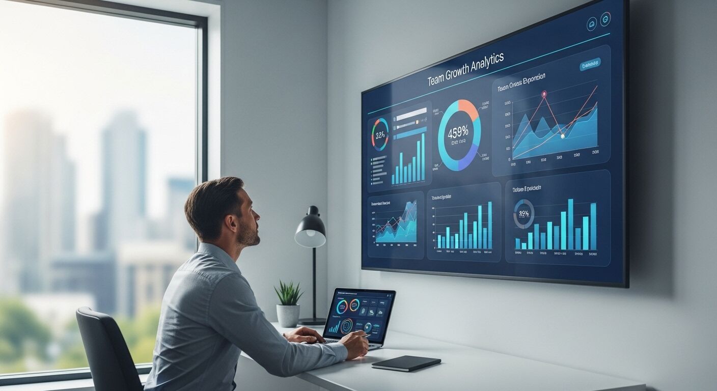 Seorang pria menganalisis grafik analisis pertumbuhan tim di layar besar dan laptop di kantor modern.