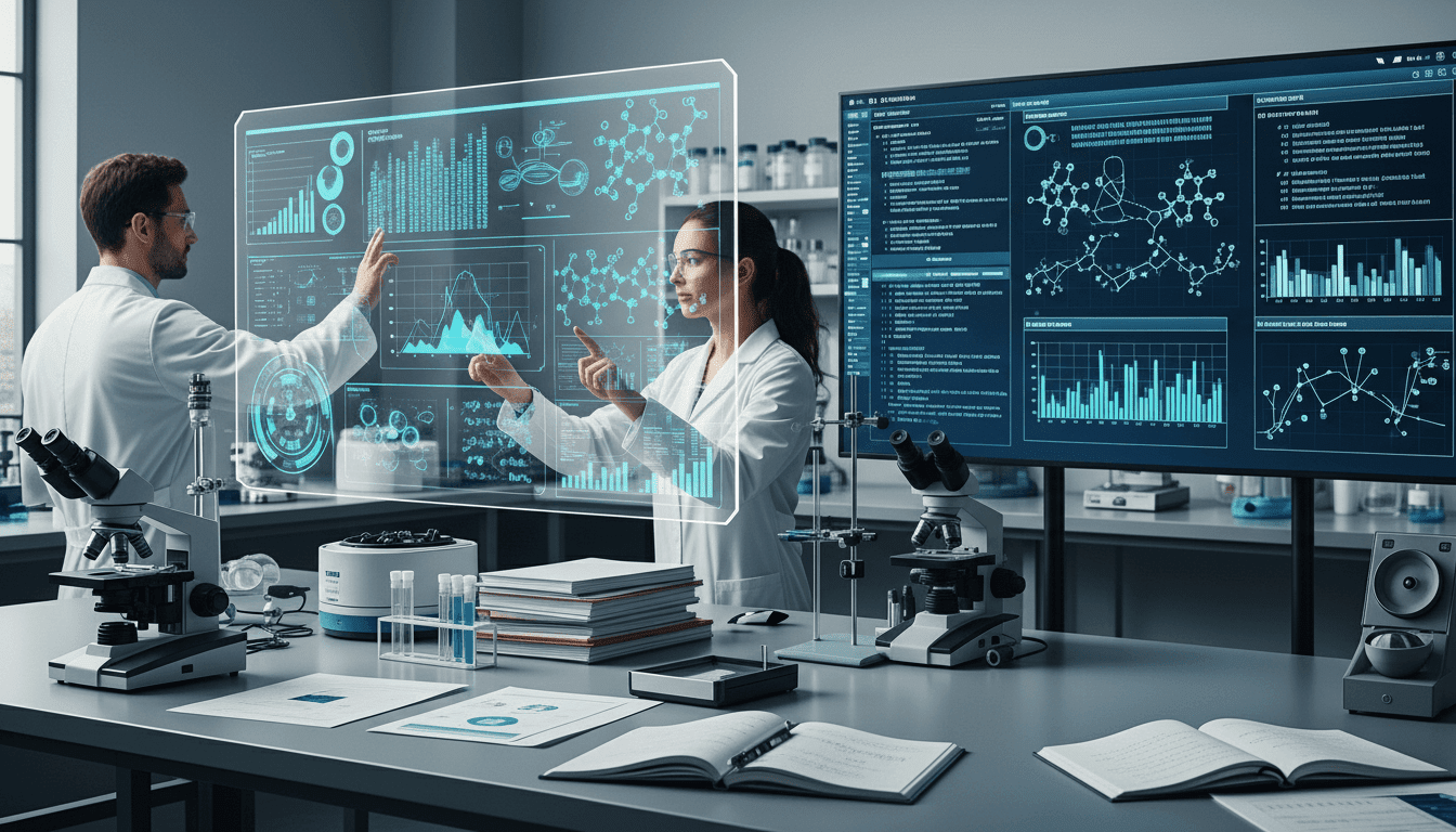Dua ilmuwan berjas laboratorium berinteraksi dengan layar data transparan futuristik yang menunjukkan grafik molekuler dan statistik di laboratorium.