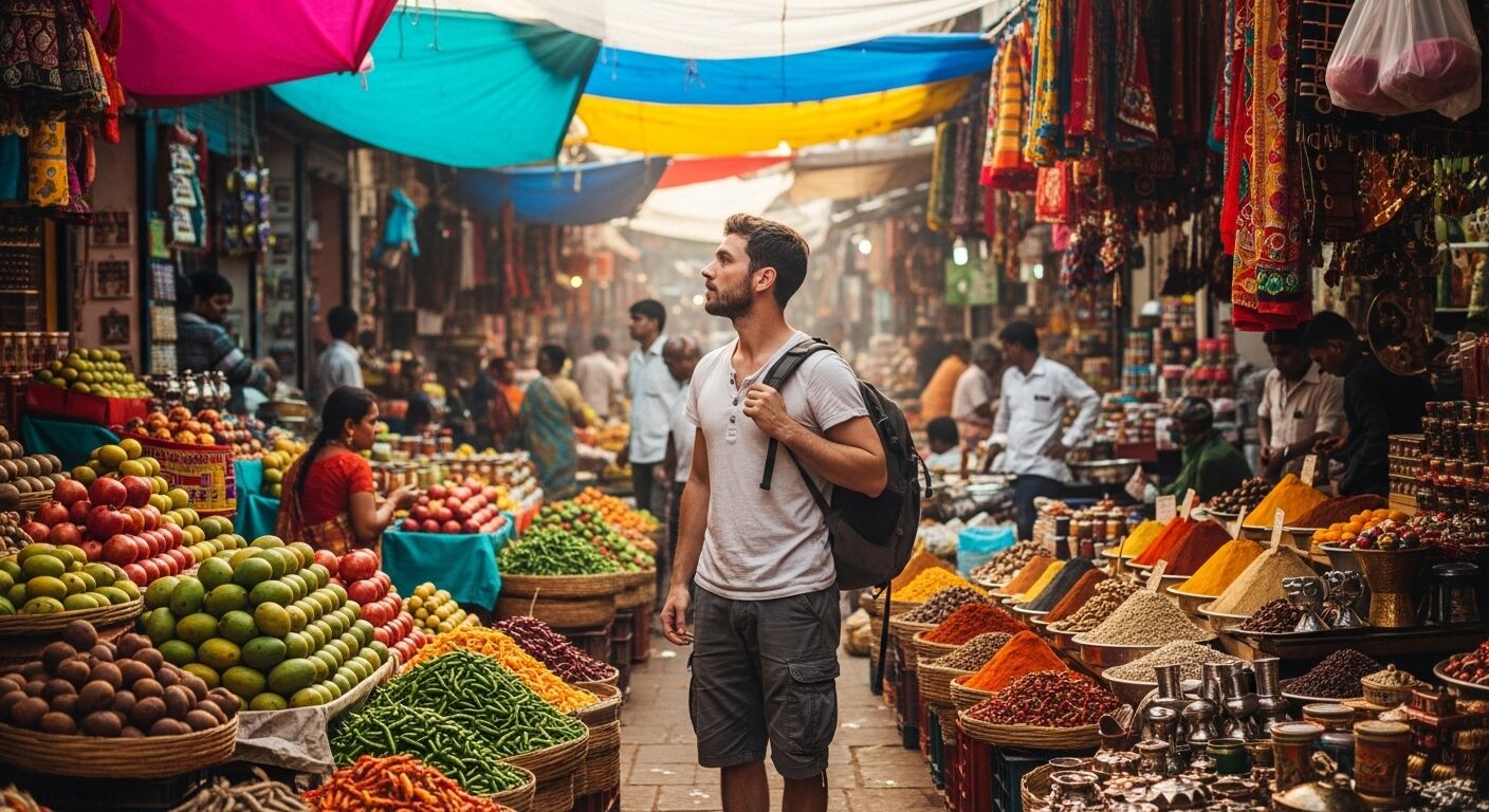 Pria dengan ransel menjelajahi pasar luar ruangan yang penuh warna dengan buah-buahan, rempah-rempah, dan tekstil di India.