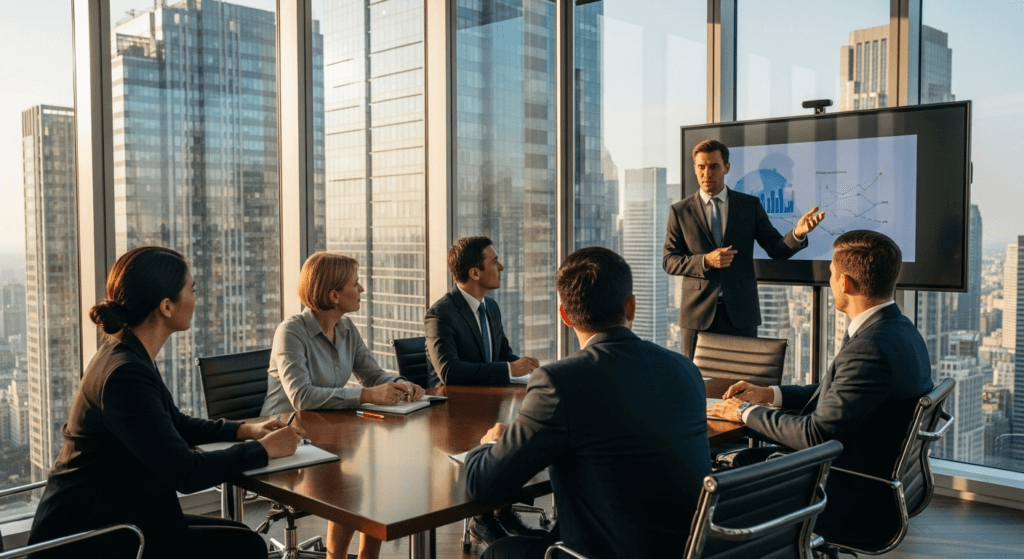 Pengusaha berjas menyajikan grafik keuangan kepada rekan kerja di kantor modern dengan pemandangan cakrawala kota