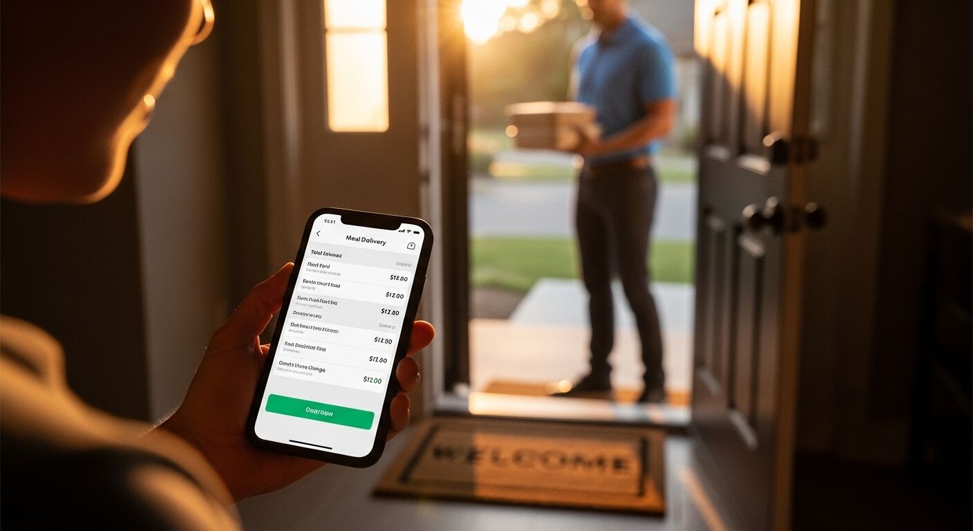 Orang yang memegang ponsel pintar menunjukkan aplikasi pengiriman makanan saat menerima paket di pintu rumah saat matahari terbenam
