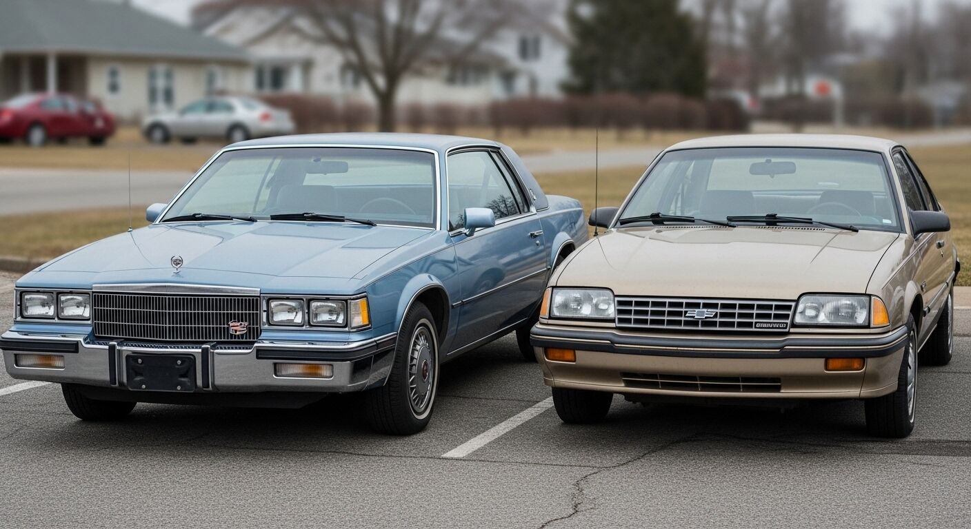 Cadillac Seville Biru dan Chevrolet Cavalier krem ​​diparkir berdampingan di tempat parkir