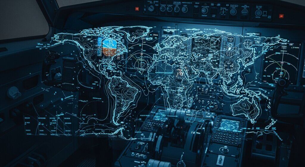 panel kontrol kokpit dengan hamparan peta dunia digital dan instrumen navigasi penerbangan