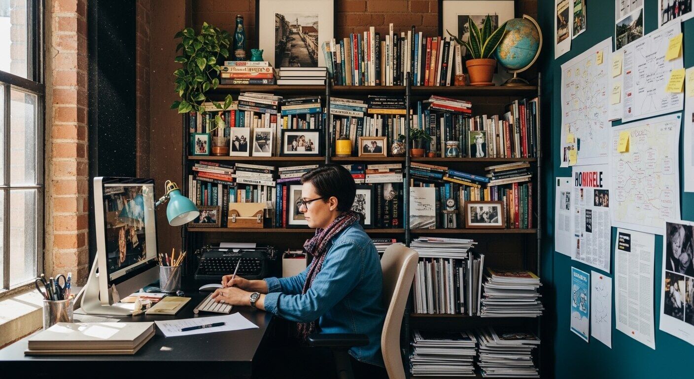 Orang yang memakai kacamata dan syal bekerja di meja dengan komputer di kantor rumah yang penuh dengan buku dan catatan dinding.