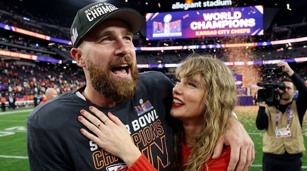 Travis Kelce merayakan kemenangan Kansas City Chiefs Super Bowl bersama Taylor Swift di Allegiant Stadium