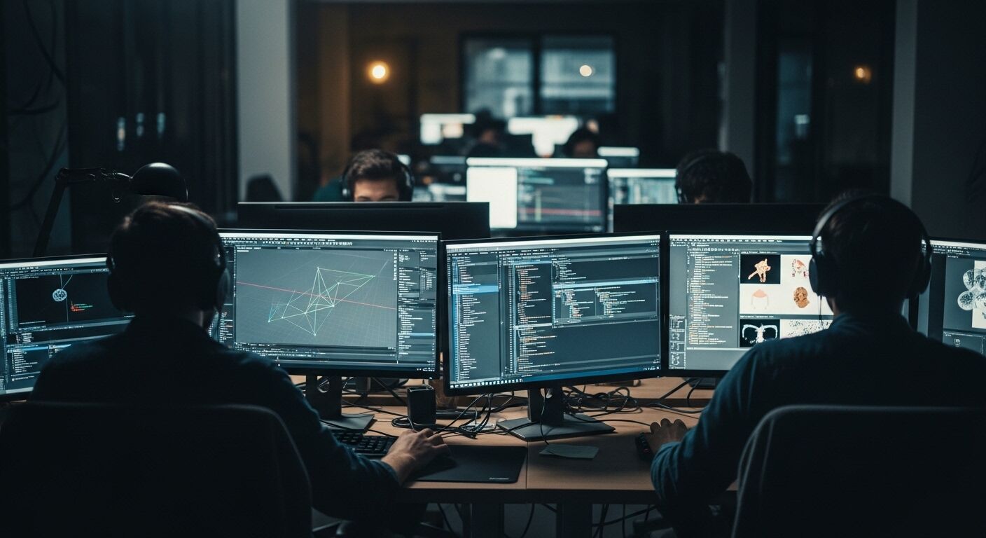 Dua pemrogram memakai headphone bekerja pada beberapa monitor yang menampilkan kode dan pemodelan 3D di kantor yang gelap.
