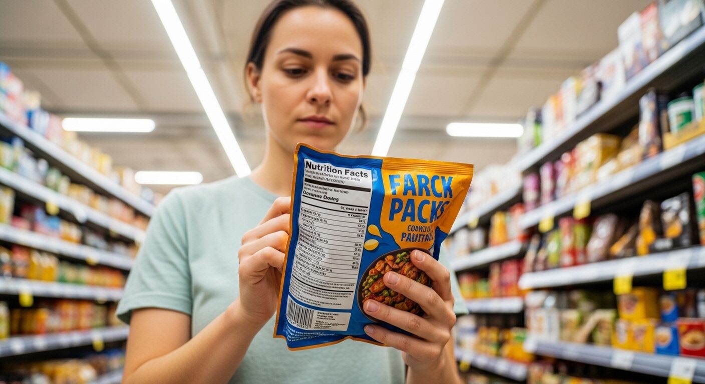 Wanita membaca fakta nutrisi di sekantong makanan ringan Farck Packs di lorong toko kelontong