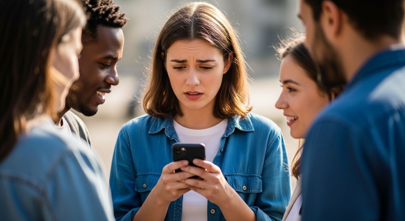 Wanita muda berjaket denim tampak khawatir di smartphone sementara teman-teman menonton dan tersenyum di luar ruangannya