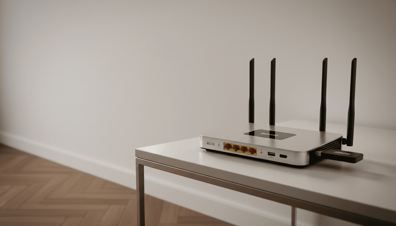 Router nirkabel 4G 5G dengan empat antena dan port Ethernet di meja putih di dinding polos