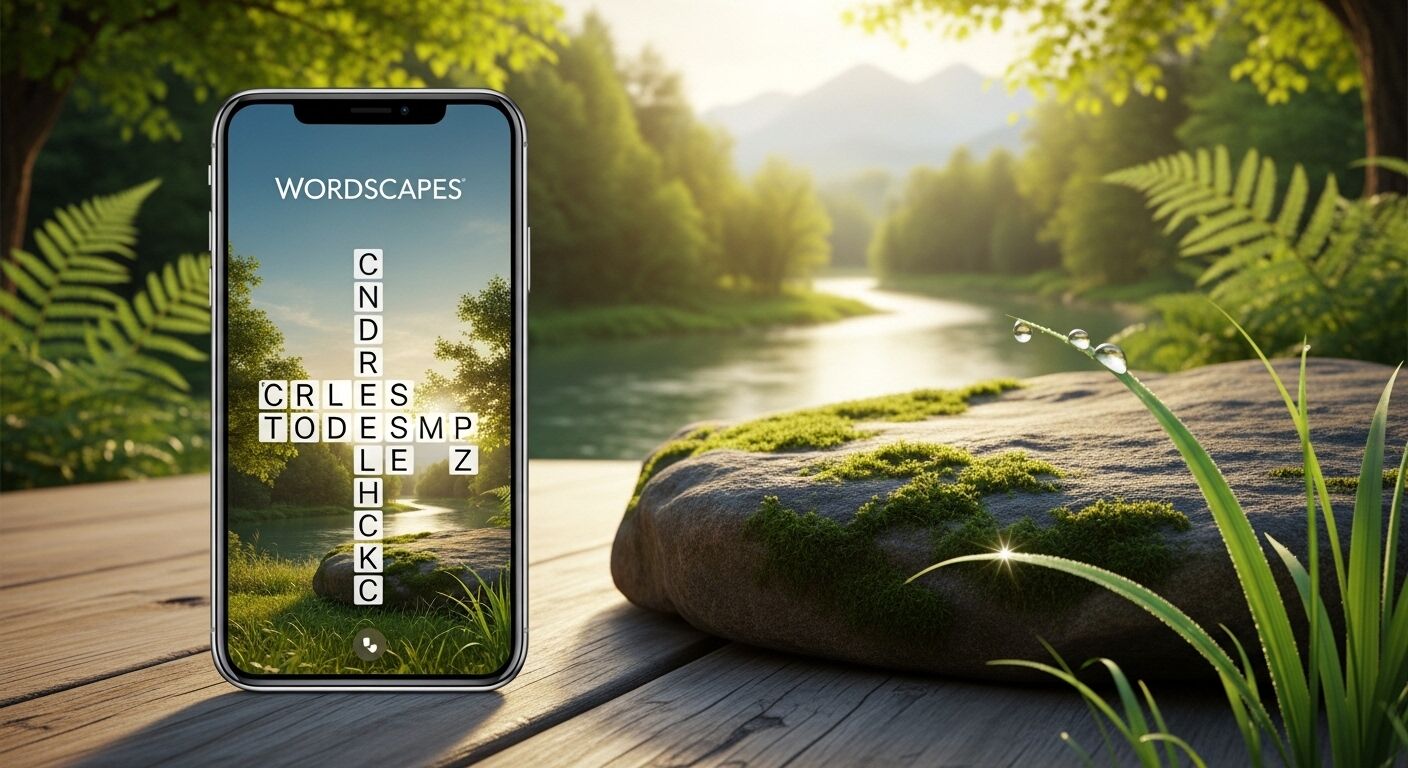 iPhone menampilkan permainan Wordscapes dengan teka-teki silang di meja kayu di tepi sungai dan batu berlumut saat matahari terbit