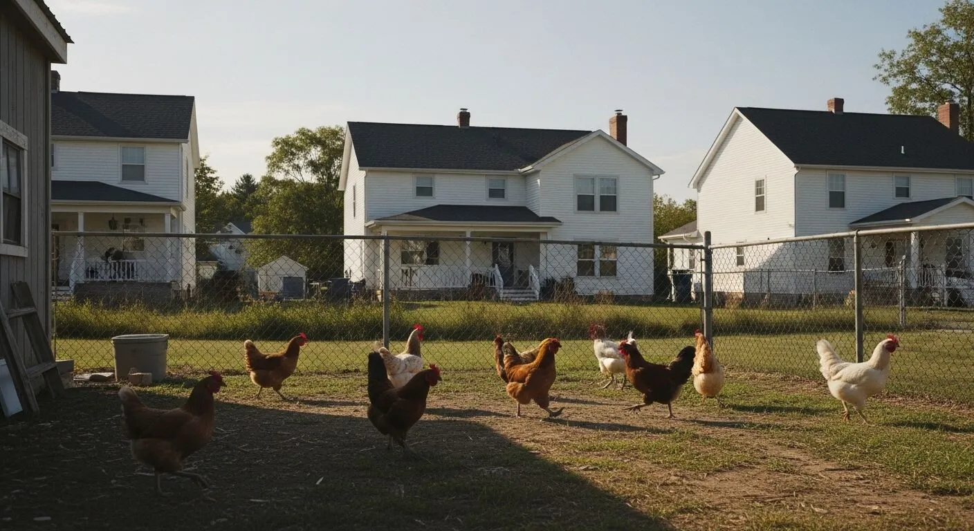 Ayam berjalan di halaman belakang berpagar dengan latar belakang rumah dua lantai berwarna putih.