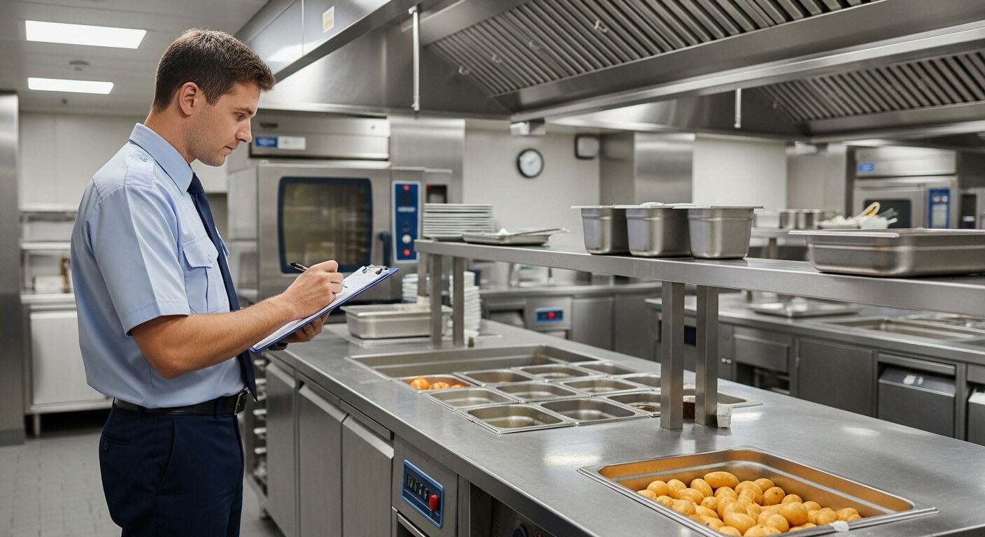Pria berseragam memeriksa dan mencatat di dapur komersial dengan meja baja tahan karat dan nampan makanan