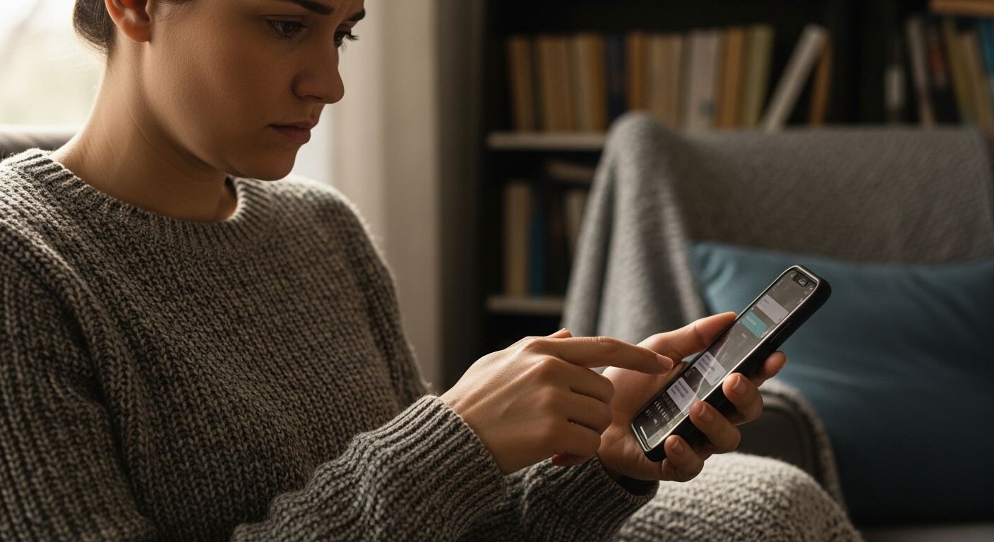 Wanita bersweter abu-abu menggunakan smartphone sambil duduk di sofa dengan selimut abu-abu dan bantal biru di belakangnya