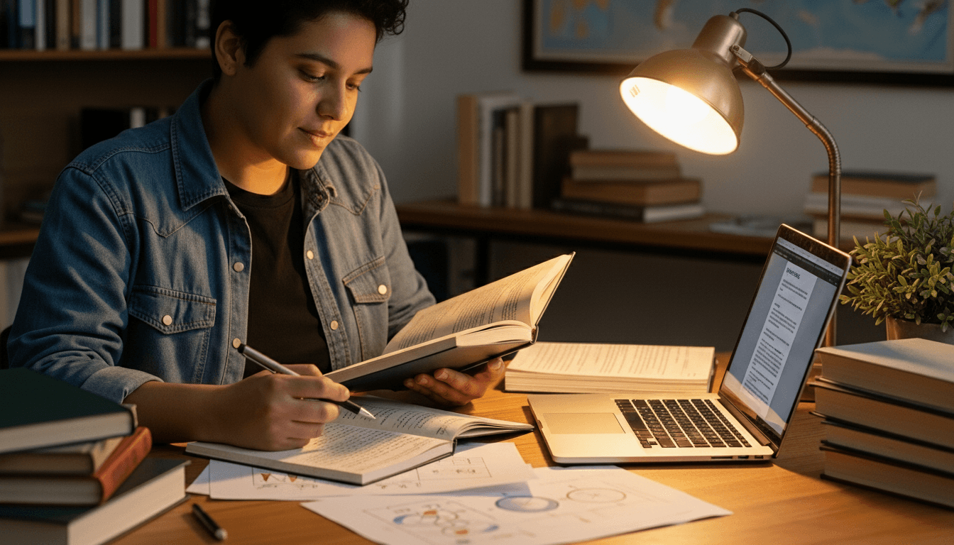 Orang berjaket denim belajar dengan buku, catatan, dan laptop di bawah lampu meja di malam hari