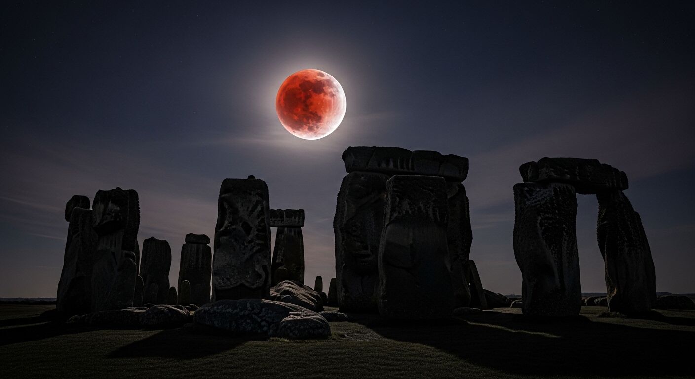 Gerhana bulan bulan darah di atas Stonehenge pada malam hari dengan langit gelap dan awan