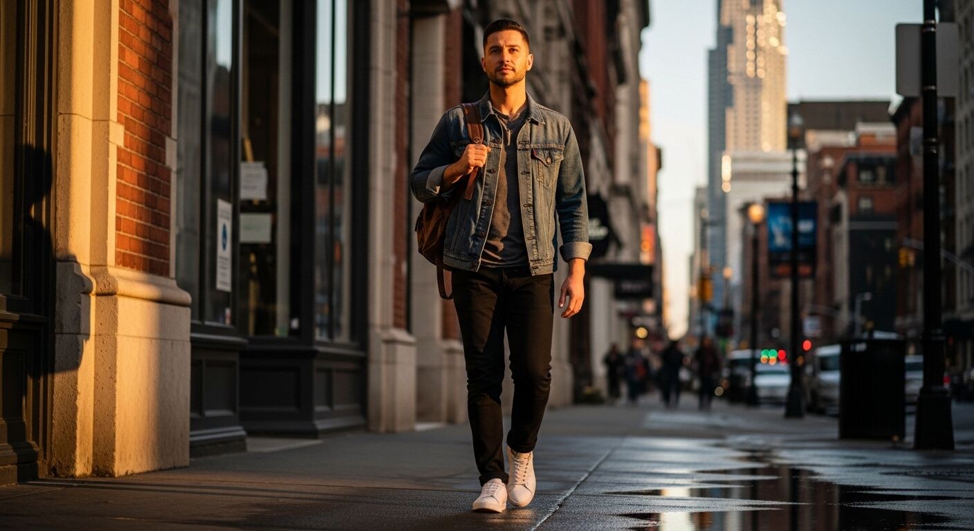 Pria yang mengenakan jaket denim dan sepatu kets putih berjalan di trotoar kota saat matahari terbenam sambil membawa ransel coklat