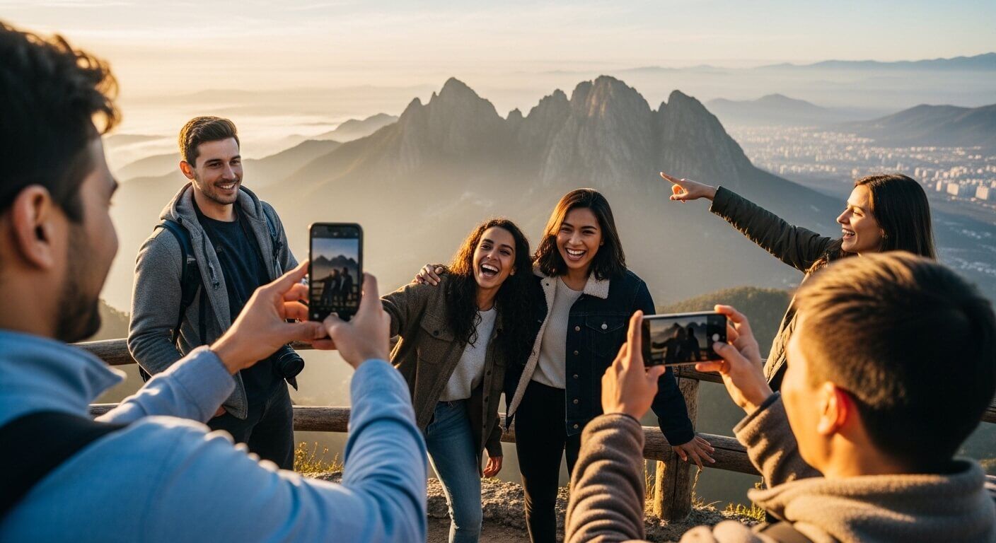Sekelompok teman mengambil foto dan menikmati pemandangan gunung saat matahari terbit dengan latar belakang puncak berkabut