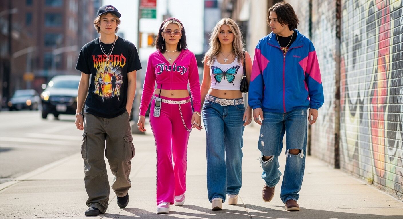 Empat orang dewasa muda berjalan di trotoar kota mengenakan pakaian kasual yang terinspirasi tahun 2000-an termasuk Juicy Couture dan atasan bermotif kupu-kupu.