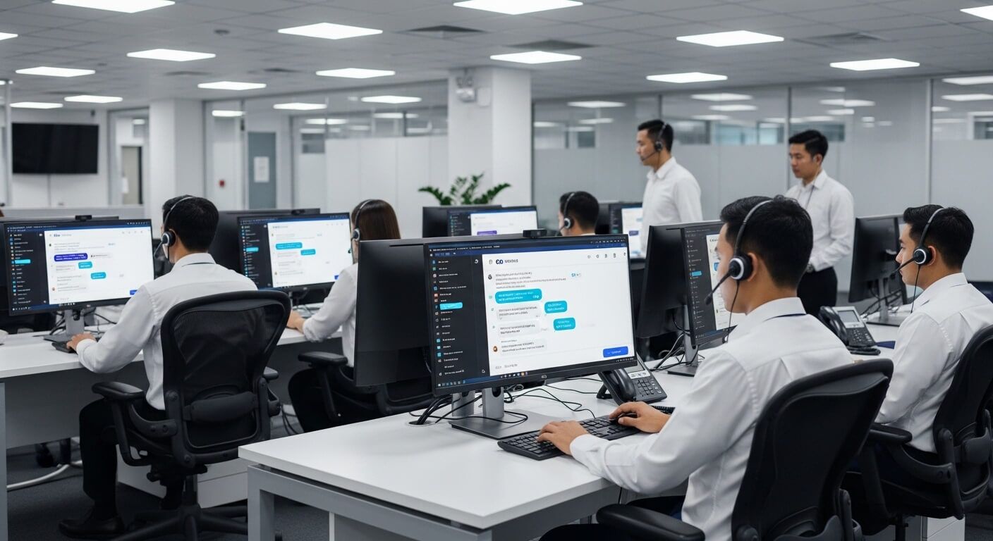 Karyawan call center memakai headset yang bekerja di depan komputer di lingkungan kantor modern